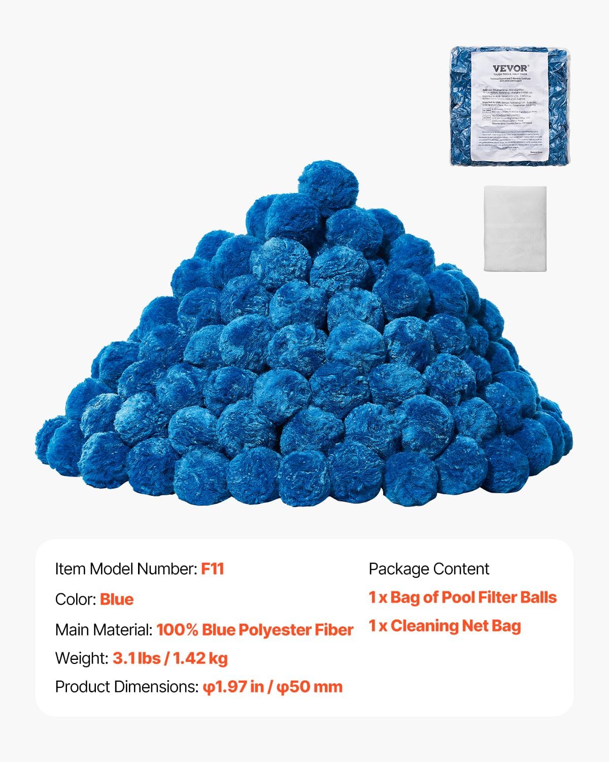 VEVOR Pool Filter Balls for Sand Filter, 3.1 lbs, Filter Balls Replace Pool Filter Sand, Reusable Blue Polyester Fiber Filter Media with Wash Bag, for Swimming Pool Aquarium Tank Above Ground Pool