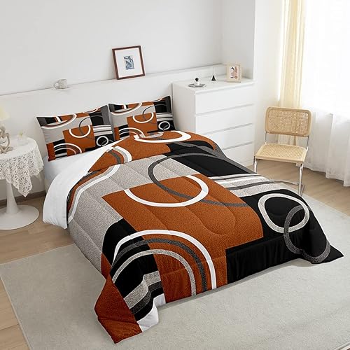 Miniatura 9 de Moderno juego de ropa de cama color morado, negro y gris, tamaño Queen, con círculos geométricos, remolinos, edredón acolchado a rayas abstractas,