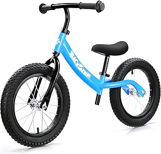 14 Inch Toddler Balance Bike for 3-6 Year Old, Real Rubber Air Tires, No Pedal Kids Bike with Adjustable Seat & Handlebar, Footrest, Gift Bike for 3-5 Boys Girls, Blue