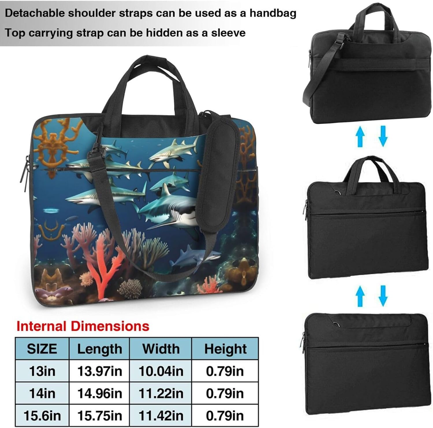 15.6 inch Sharks under the sea Prints Laptop Bag - with Soft Interior, Multiple Pockets - Ideal for Men, Travel and Business
