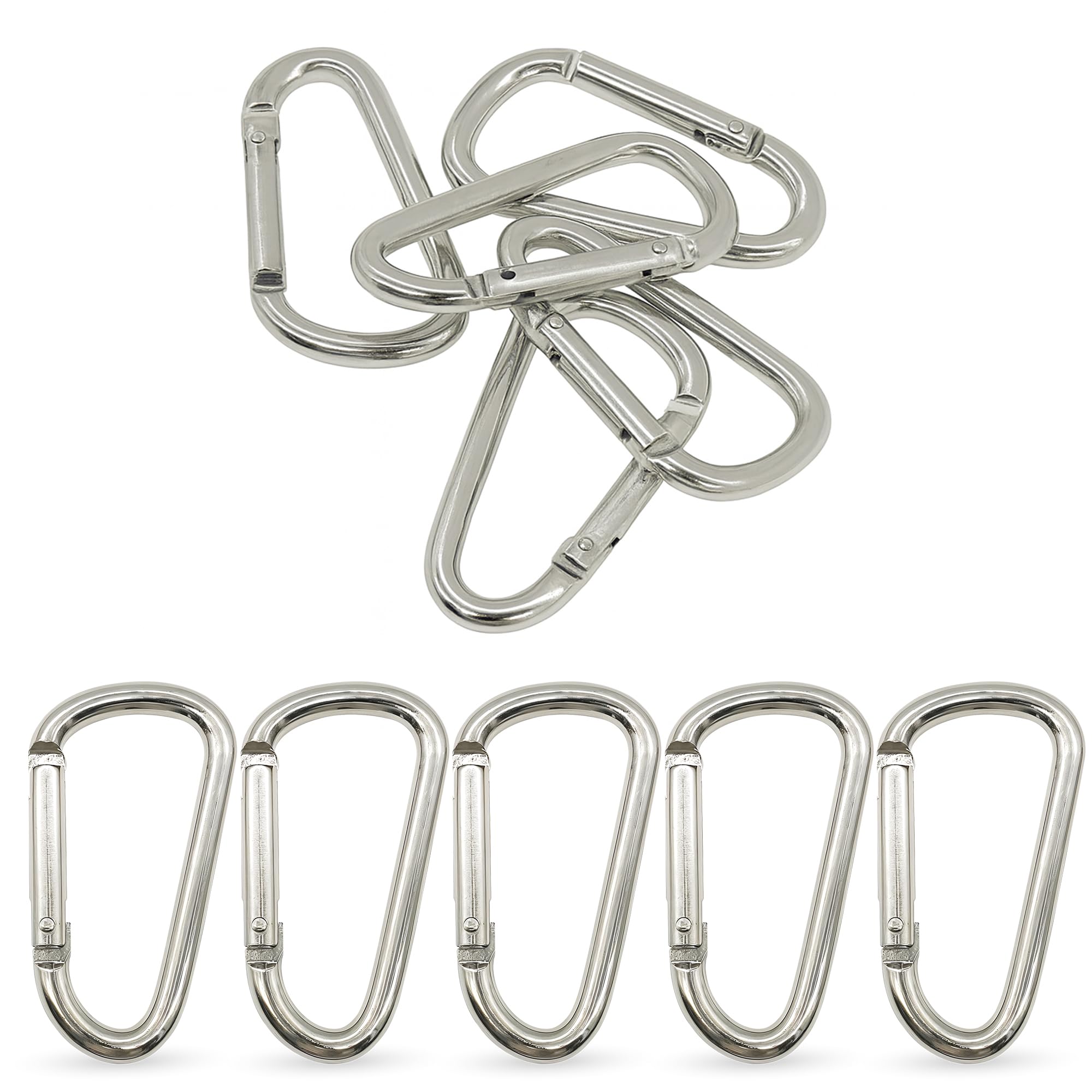 WedDecor 55mm Aluminium Carabiner Clip, D-Shape Snap Hook with Spring-Loaded Gate | Multi-Purpose Camping Carabiner for Key, Water Bottle, Backpacking, Hammock, Travel Gear & Rust-Proof, Silver, 10pcs
