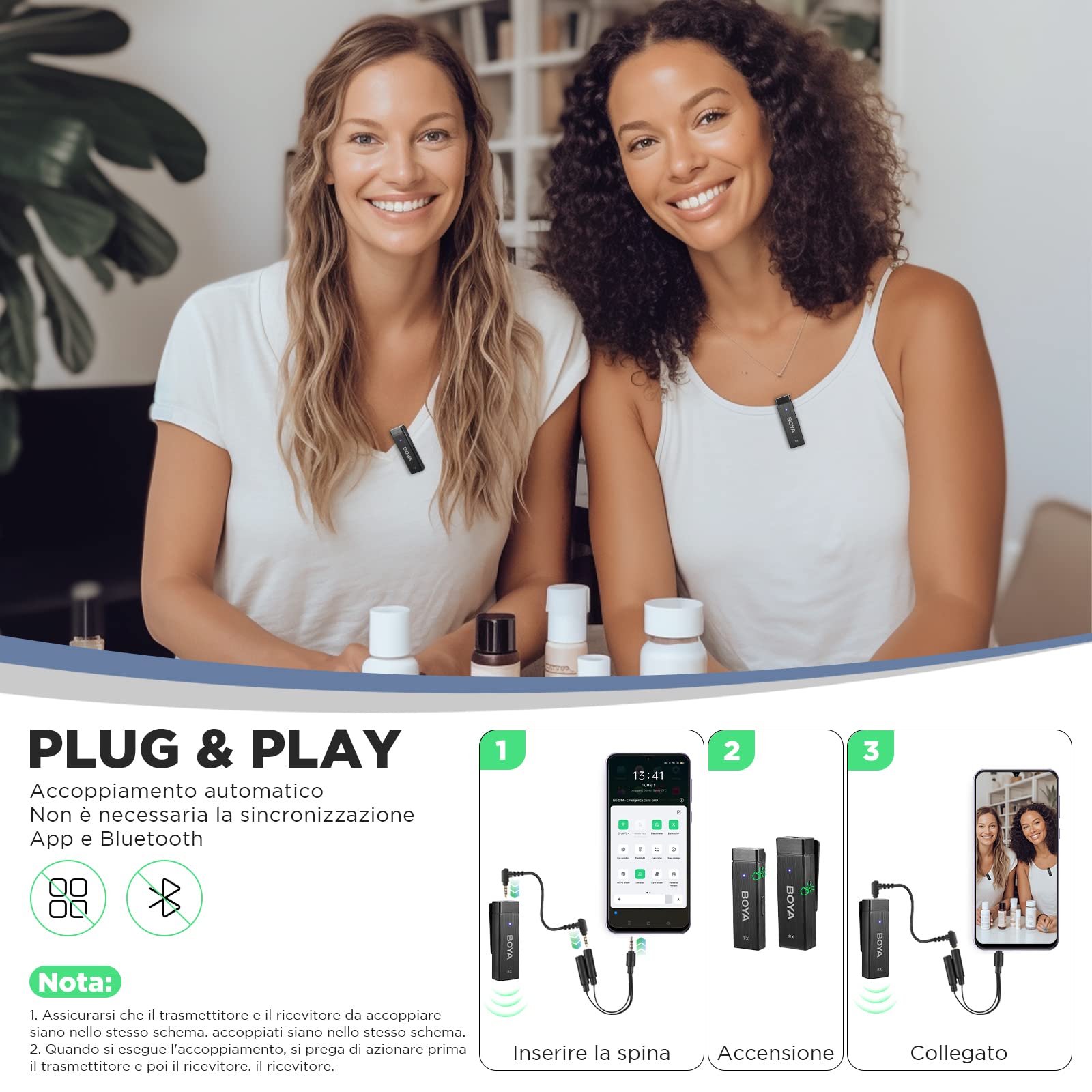 BOYA by-W4 - Microfono lavalier wireless a 4 canali, per 4 persone, mini microfono wireless con risvolto con cancellazione del rumore e monitoraggio in tempo reale per YouTube Vlog interviste