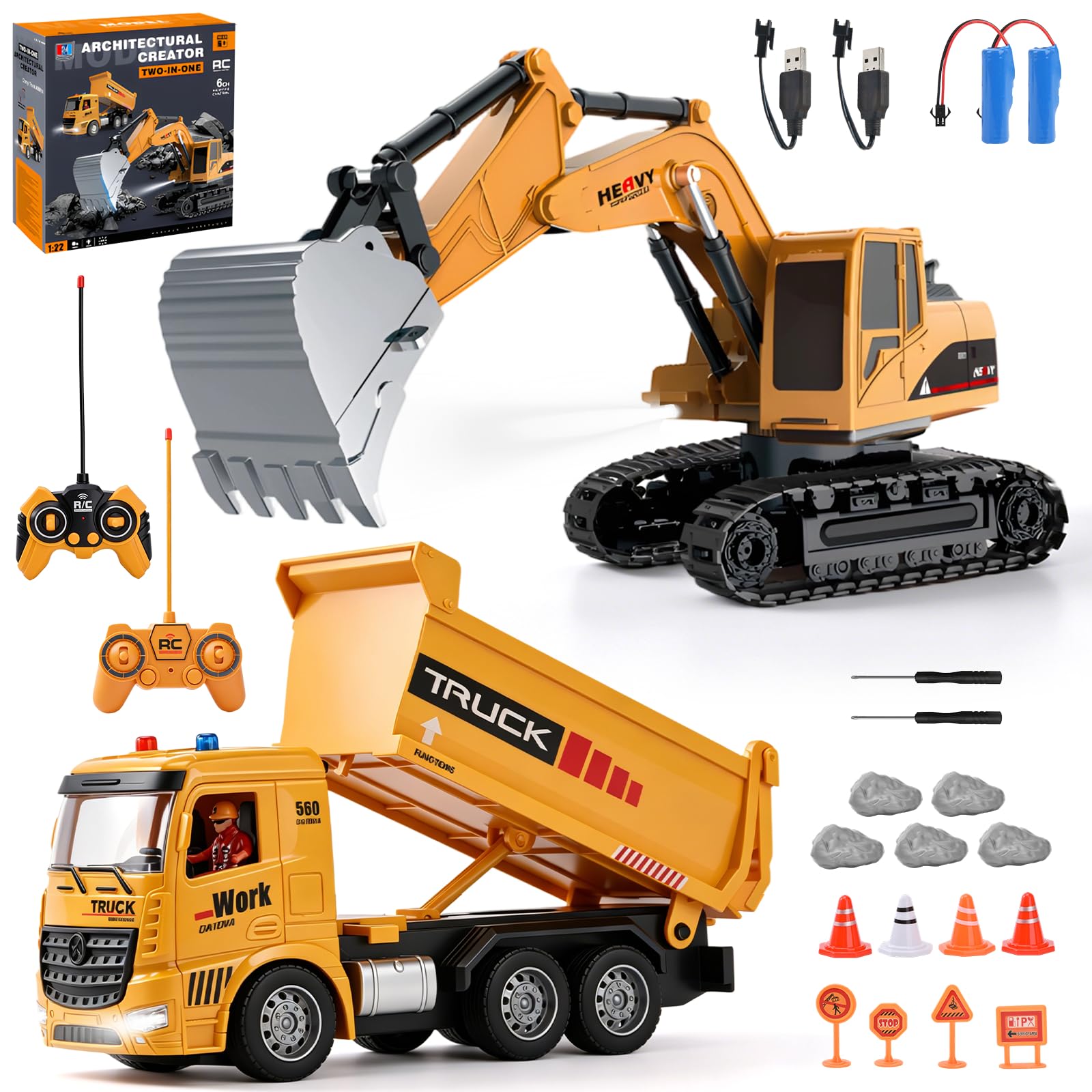 Excavadora Teledirigida y Camión Volquete Juguete, 2,4 GHz Coche Teledirigido Juguete, Vehículos de Construcción RC con Luces y Sonidos, Regalo de Cumpleaños Navidad para 3-12 Niño (A)