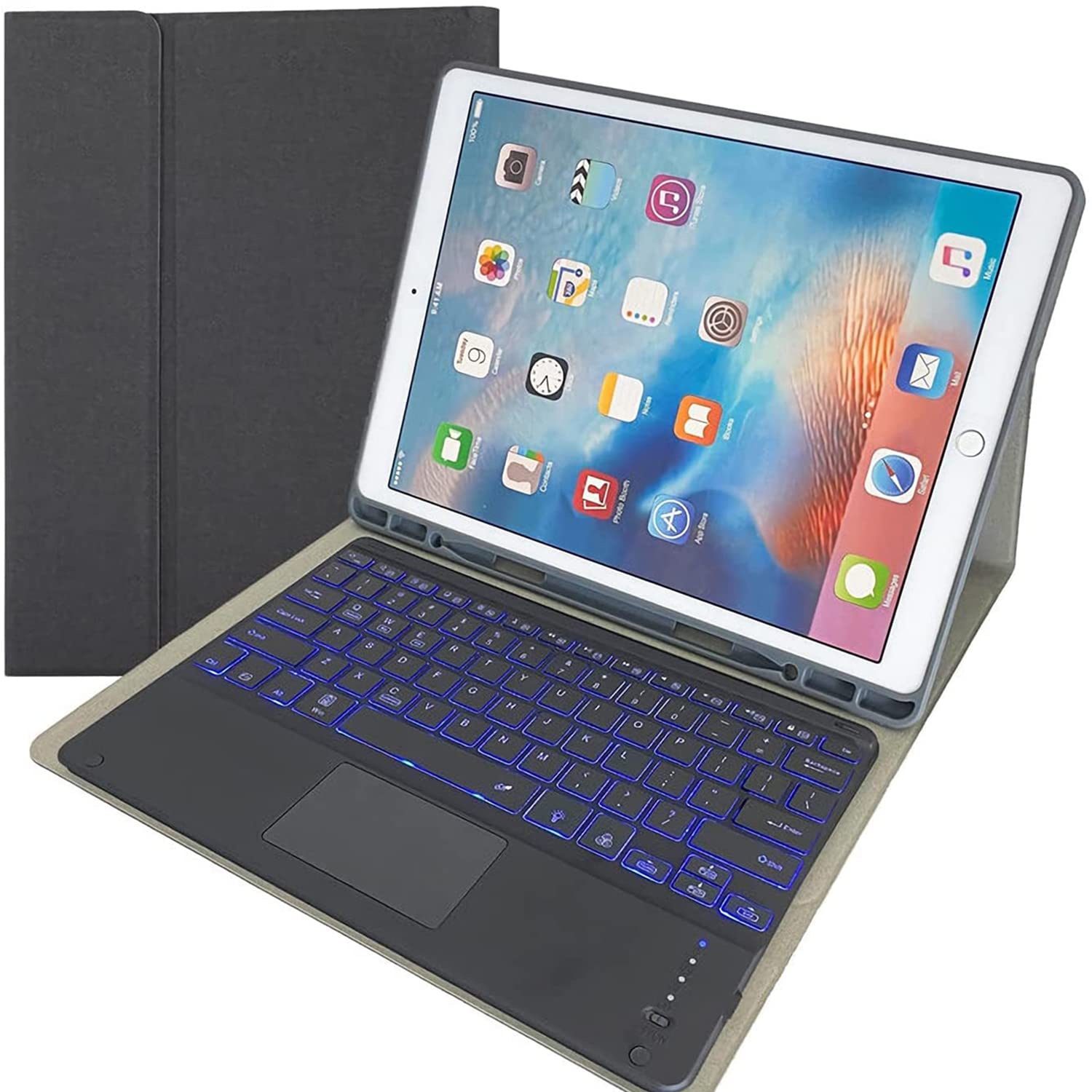 Funda Teclado para iPad Pro 12,9" 2017/2015 (Modelo Antiguo, 2ª/1ª Gen) [Teclado Retroiluminado 7 Colores] Teclado Español Ñ Inalámbrico Bluetooth Desmontable Magnético con Portalápices,Negro