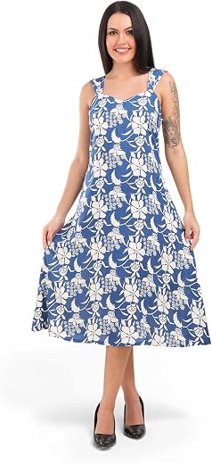 Seher Threads Women's Midi Dress, Blue Floral Print, L, Casual, Rayon, V-Neck, Sleeveless