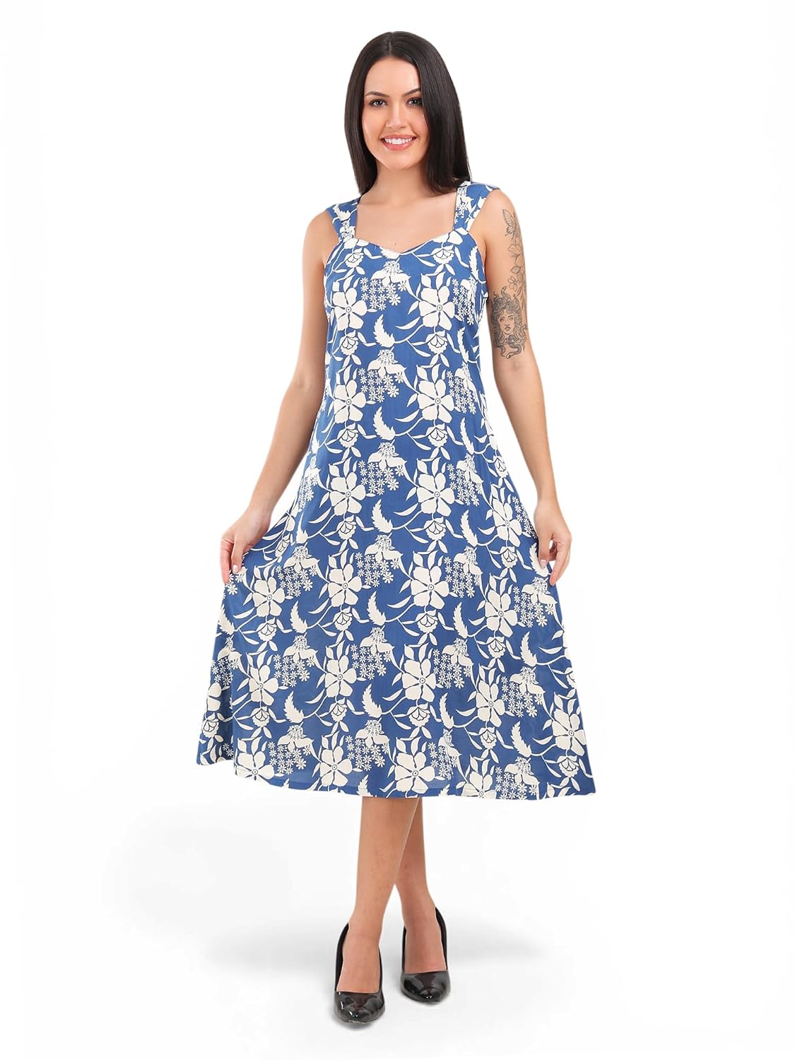 Seher Threads Women's Midi Dress, Blue Floral Print, L, Casual, Rayon, V-Neck, Sleeveless - Review, Price and Buying Guide