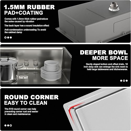 Miniatura 4 de Tysun Fregadero de cocina de montaje inferior de 30 pulgadas  Fregadero de cocina de calibre 16  Fregadero de cocina de acero inoxidable de un solo