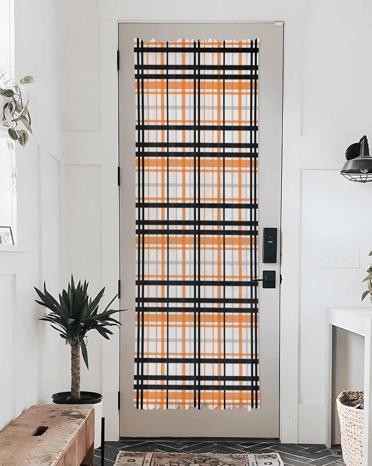 French Door Curtain Sheer 72 In Long, Orange Black Plaid Adjustable Door Curtain for Privacy With Tieback, Farmhouse Orange Black Checkered Rod Pocket Light Filtering Door Window Curtains 25" x 72"