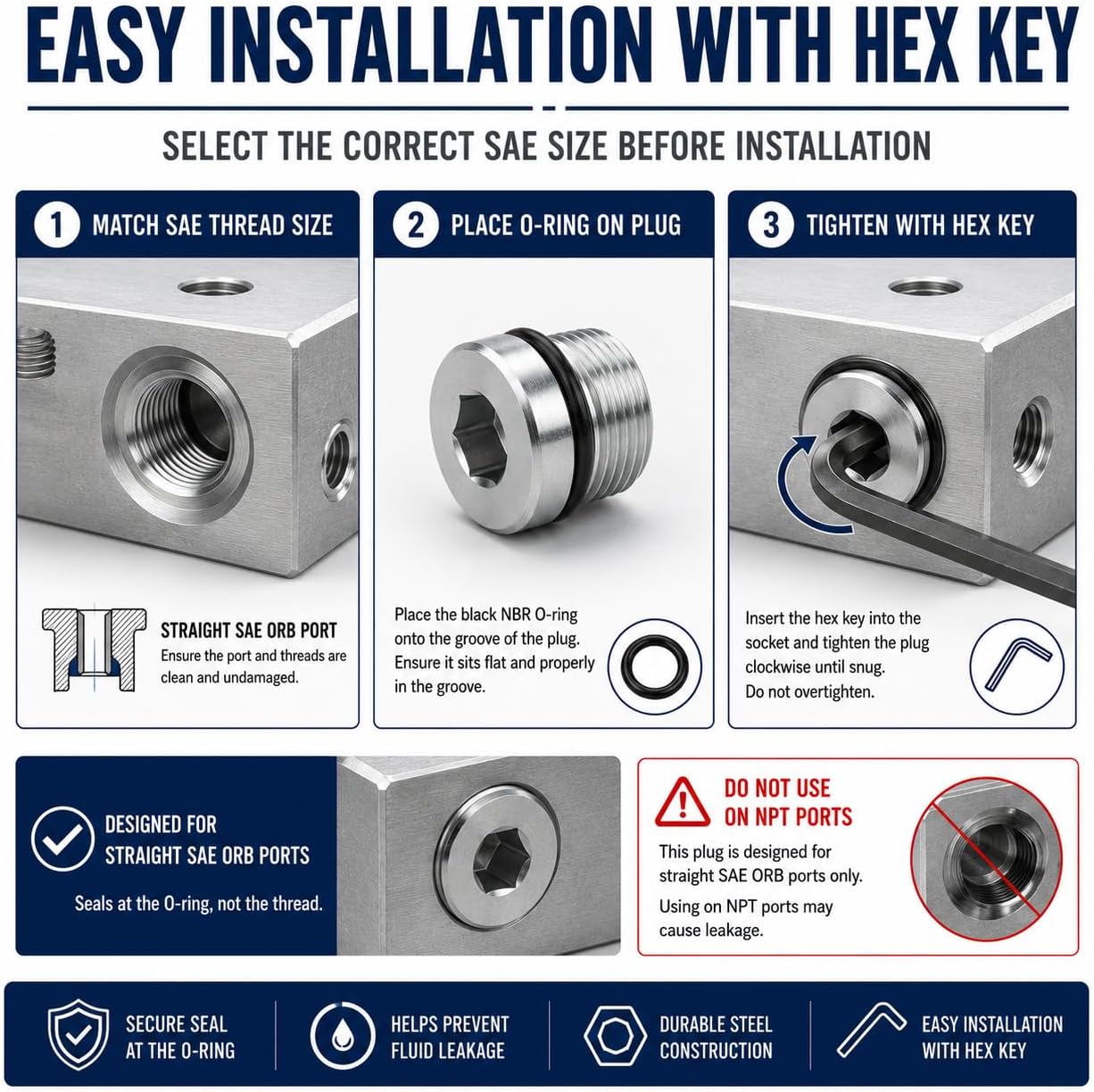 SAE O-Ring Boss Hex Socket Plug, SAE-10 ORB Hydraulic Port Plug 7/8"-14 UNF with Extra NBR 90A O-Rings, Zinc Plated Steel, 4 Pack