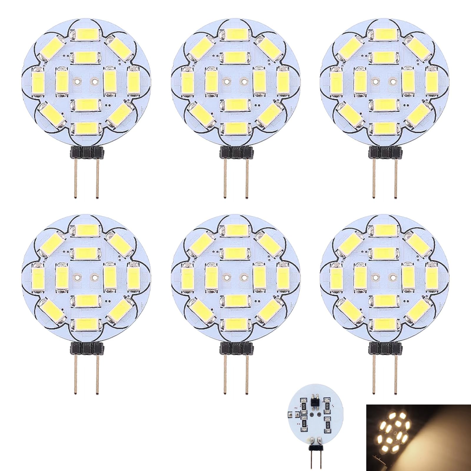 6 PCS G4 LED Bulbs, 12V G4 LED Bulb 3W, Equivalent to 20-30W Halogen, GU4/GZ4 Bi-Pin Base, AC/DC 12V, 3000K Warm White, 180ยฐ Wide Angle, Dimmable LED Bulbs for RV, Camper, Boat, Cabinet Lighting