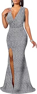 Women's Sexy Long Sleeve Sparkly Maxi Dress V Neck High Slit Wrap Formal Gown Cocktail Glitter Maxi Long Dresses
