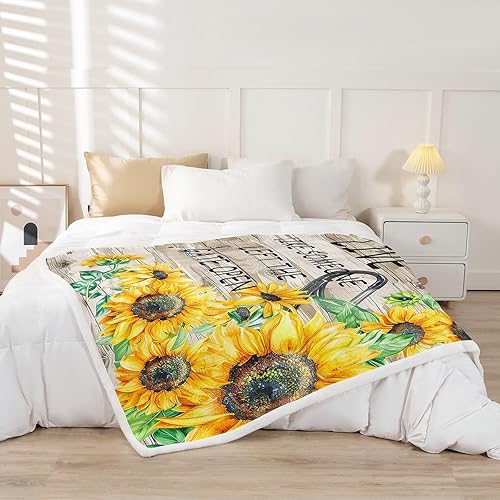 Miniatura 2 de Manfei Manta de girasol para niños, manta mullida de herradura con flores amarillas para decoración de habitación de niños y niñas, manta de madera