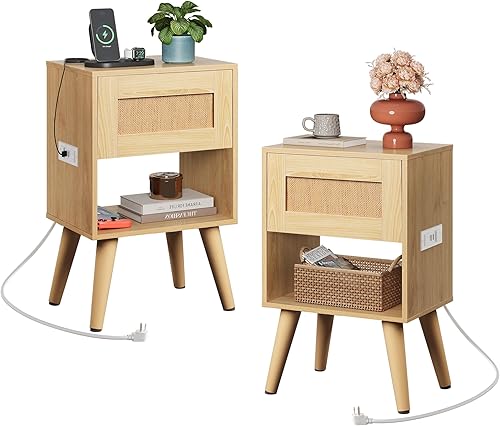 Miniatura 13 de WLIVE Mesita de noche de ratán con estación de carga, mesita de noche bohemia, mesa auxiliar de dormitorio pequeña, mesa auxiliar con cajón y Madera