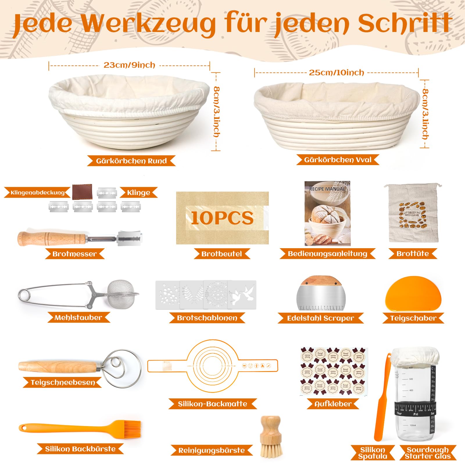 Gärkörbchen Für Sauerteig Starter Set, Gärkorb (23cm rund & 25cm oval),100% natürlichem Rattan, inkl. Teigschaber, Leineneinsatz, Teigrührer & mehr | Professionelles Brotbackzubehör (Orange)