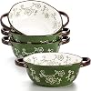 AVLA 4 Pack Ceramic Soup Bowls, 22 Ounces Porcelain Serving Bowl Set with Double Handle, Large Ceramic Crocks for French Onion Soup, Stew, Pasta, Cereal, Pot Pies (Green)