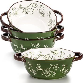 AVLA 4 Pack Ceramic Soup Bowls, 22 Ounces Porcelain Serving Bowl Set with Double Handle, Large Ceramic Crocks for French Onion Soup, Stew, Pasta, Cereal, Pot Pies Green
