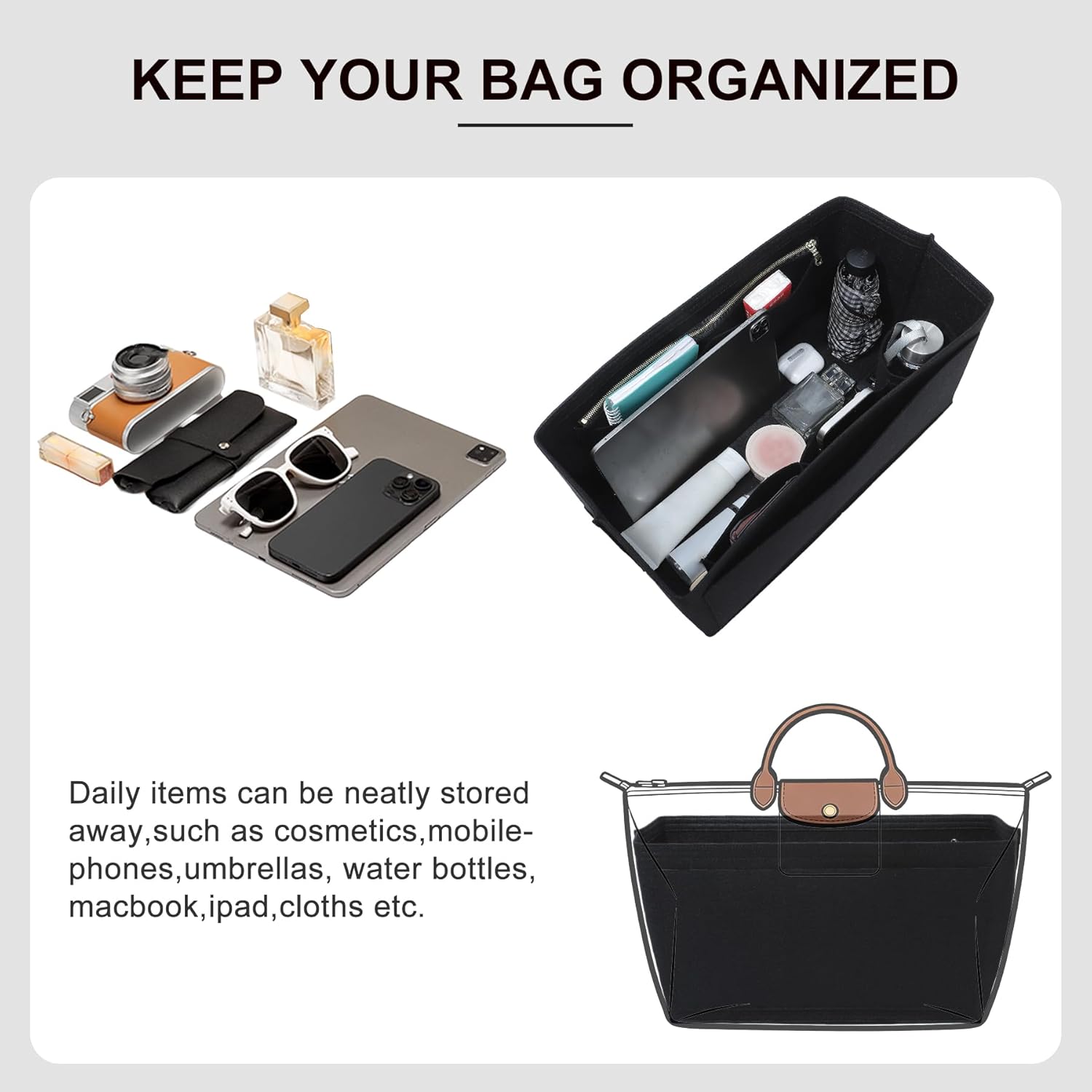 Purse Organizer Insert Compatible with Longchamp Le Pliage L Travel Bag, Black/LB