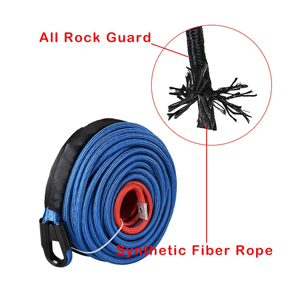 Blue 95ft x 3/8 inch 22000LBS Synthetic Winch Line Cable Rope with Heat Guard Protective Sleeve All Rock Guard for Jeep ATV UTV 4X4 Off-Road Truck