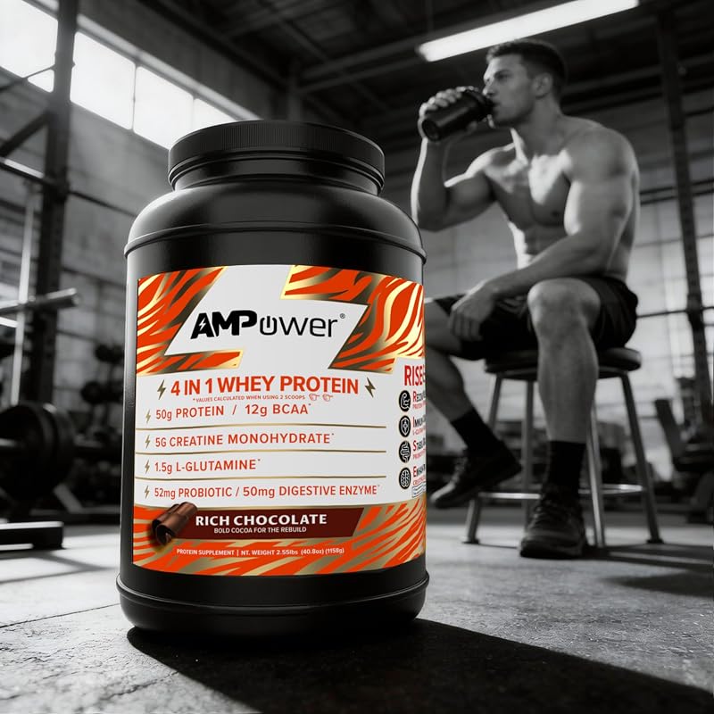 AMPOWER Rich Chocolate Whey Protein Powder - R.I.S.E Formula Designed by Athletes - 25g Protein, BCAA, Creatine, L-glutamine, Probiotics & Digestive Enzymes - Whey Isolate Protein Powder 30 Servings image 6