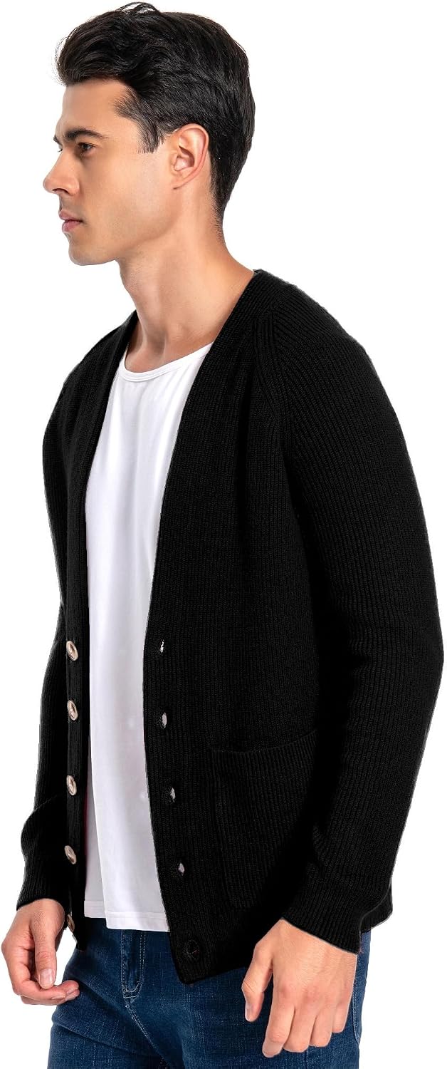 Mettclasi Men's Long-Sleeve Cardigan Sweater - Classic V Neck Button Down Knitted Cardigan with Pockets