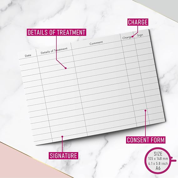 Treatment Additional Client Cards A6 Size - Salon and Therapist Customer Consultation Record - Treatment Services Essentials - Profile and Recording Forms - Beauty Stationery - 105x148mm - Pack of 50