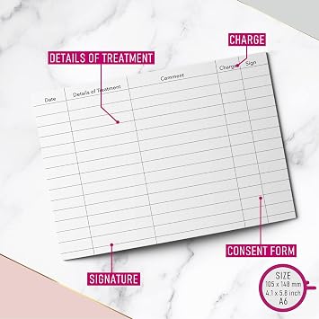 Treatment Additional Client Cards A6 Size - Salon and Therapist Customer Consultation Record - Treatment Services Essentials - Profile and Recording Forms - Beauty Stationery - 105x148mm - Pack of 50