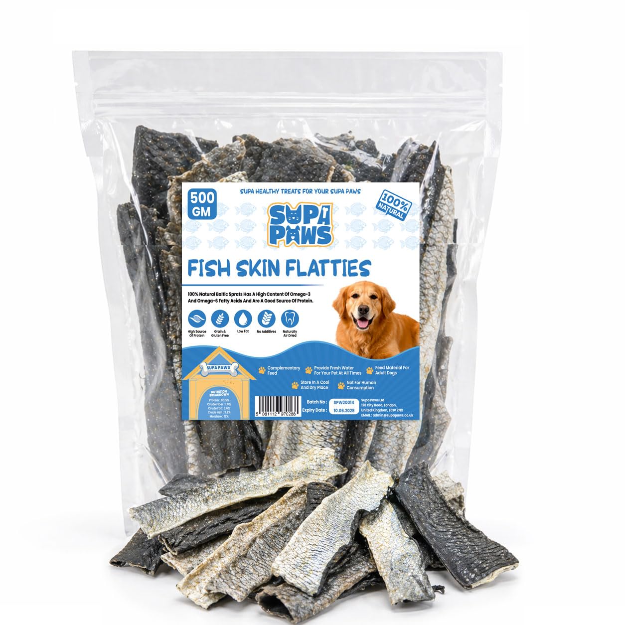 Supa Paws 500g Fish Skin Flatties for Dogs 100% Natural White Fish Skin Flatties Jerky Dog Treat, Hypoallergenic Dog Food & Grain Free Dog Chews, Dental Pet Treat, High Protein Dog Snacks