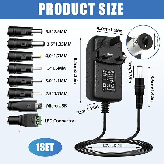 Universal UK 12V 3A Power Supply Adapter, 36W with 8 Replaceable Tips | 5.5x2.1mm AC to DC Charger Multi Plug Adapter for LED Strip Lights, Router, CCTV Camera, Baby Monitor Speakers DVD MP3/MP4