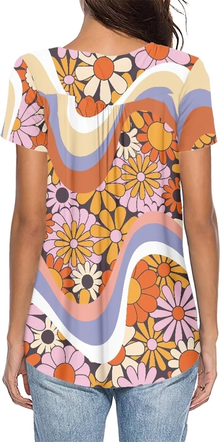 Rose Tunic Tops for Women Blue Rose Short Sleeve Flare T-Shirts Rose Flowers V-Neck Button Up Pleated Top - Image 2