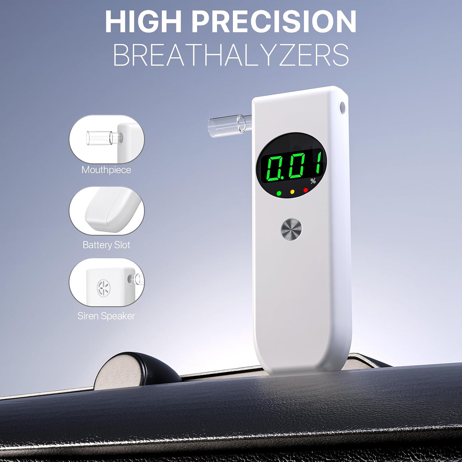 Breathalyzer with LCD Digital Display Includes 10 mouthpieces, Portable for Home and Party use (White)