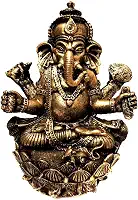 Estátua de Ganesha Flor de Lotus Dourada Resina 15cm