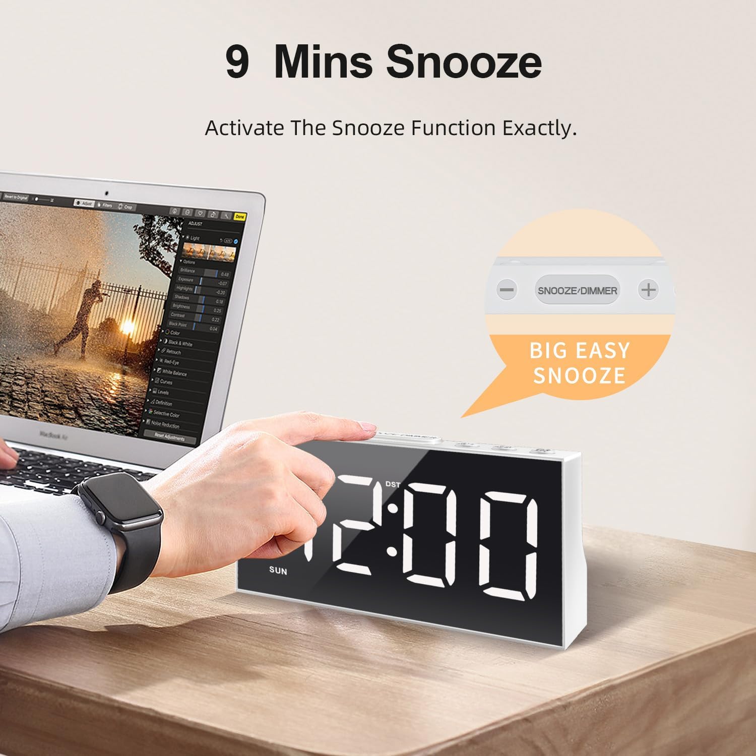 Hand pressing the snooze button on the JALL Digital Alarm Clock