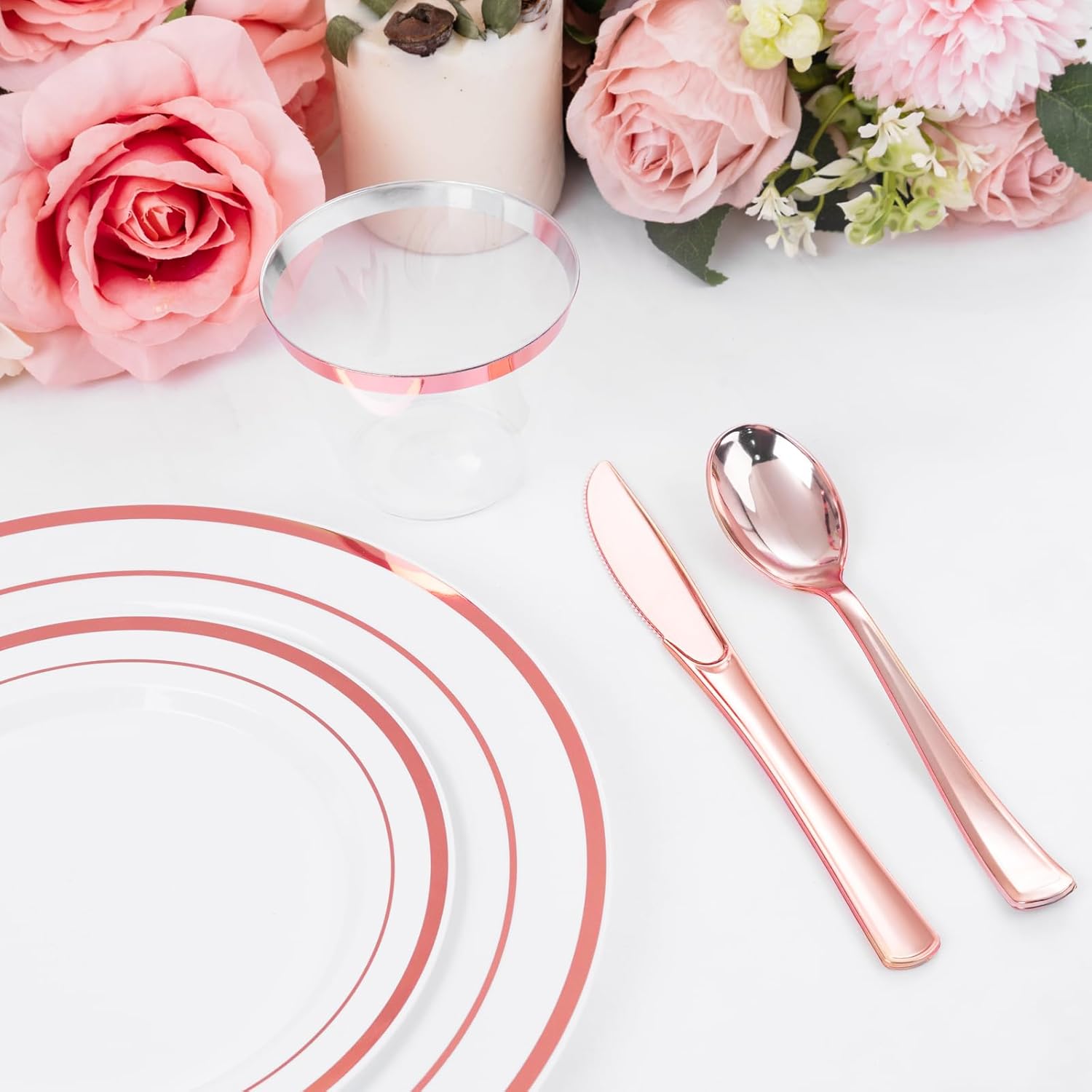 WELLIFE 600 PCS Rose Gold Disposable Dinnerware Set for 100 Guests, Valentine's Day Plate, 100 Each-Dinner & Salad Plates, Cups, Forks Knives Spoons for Wedding Reception and Mothers Day Plates - Image 9