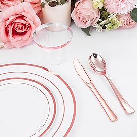 WELLIFE 150 PCS Rose Gold Disposable Dinnerware Set for 25 Guests, Valentine\'s Day Plate, 25 Dinner & Salad Plates, Cups, Forks Knives Spoons for Wedding Reception and Mothers Day Plates