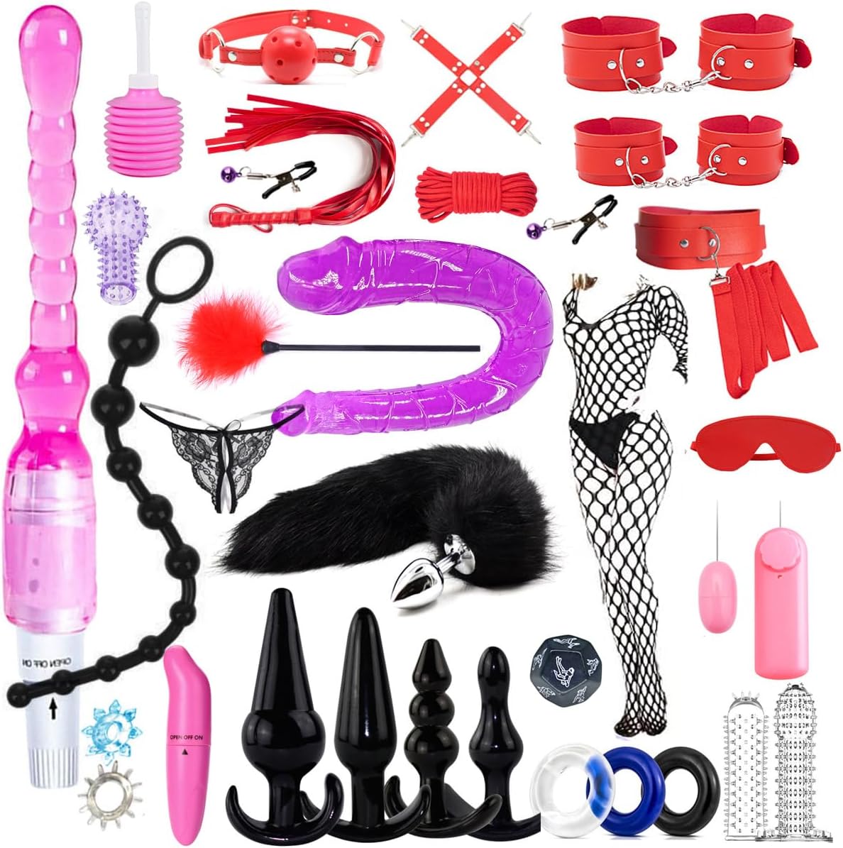 BDSM Restraints Sex Toys 32 Pcs Bondage Restraints Kits Crops Anal Plug Set Butt Plug Anal Plug Sex Toys Vibrator Anal Dildo BDSM Toy Kit for Women and Men
