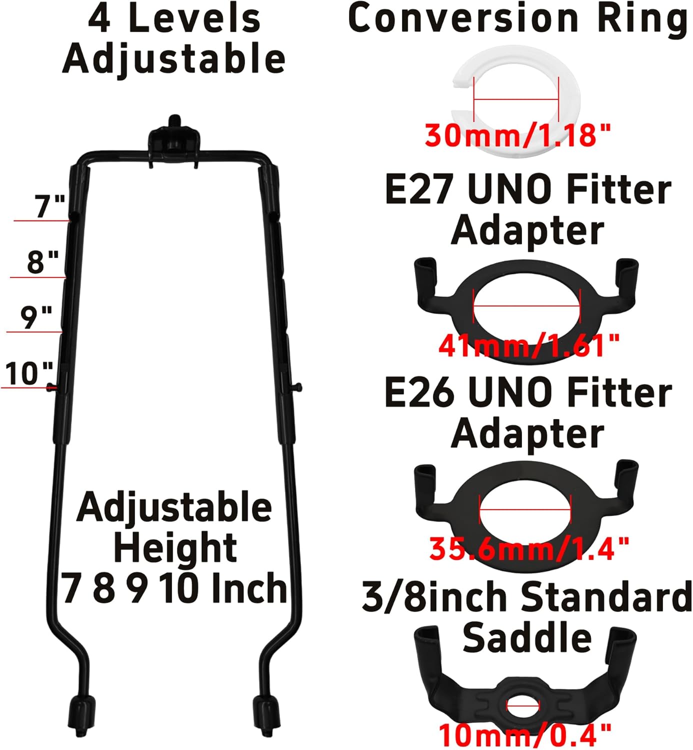 2 Sets Adjustable Lamp Shade Harp Holder Kit, Fits 7 8 9 10 Inch Shades, Adjustable Harp Frame with Finials Standard Saddle E14 E26 E27 Light Base UNO Fitter Adapter (Black)