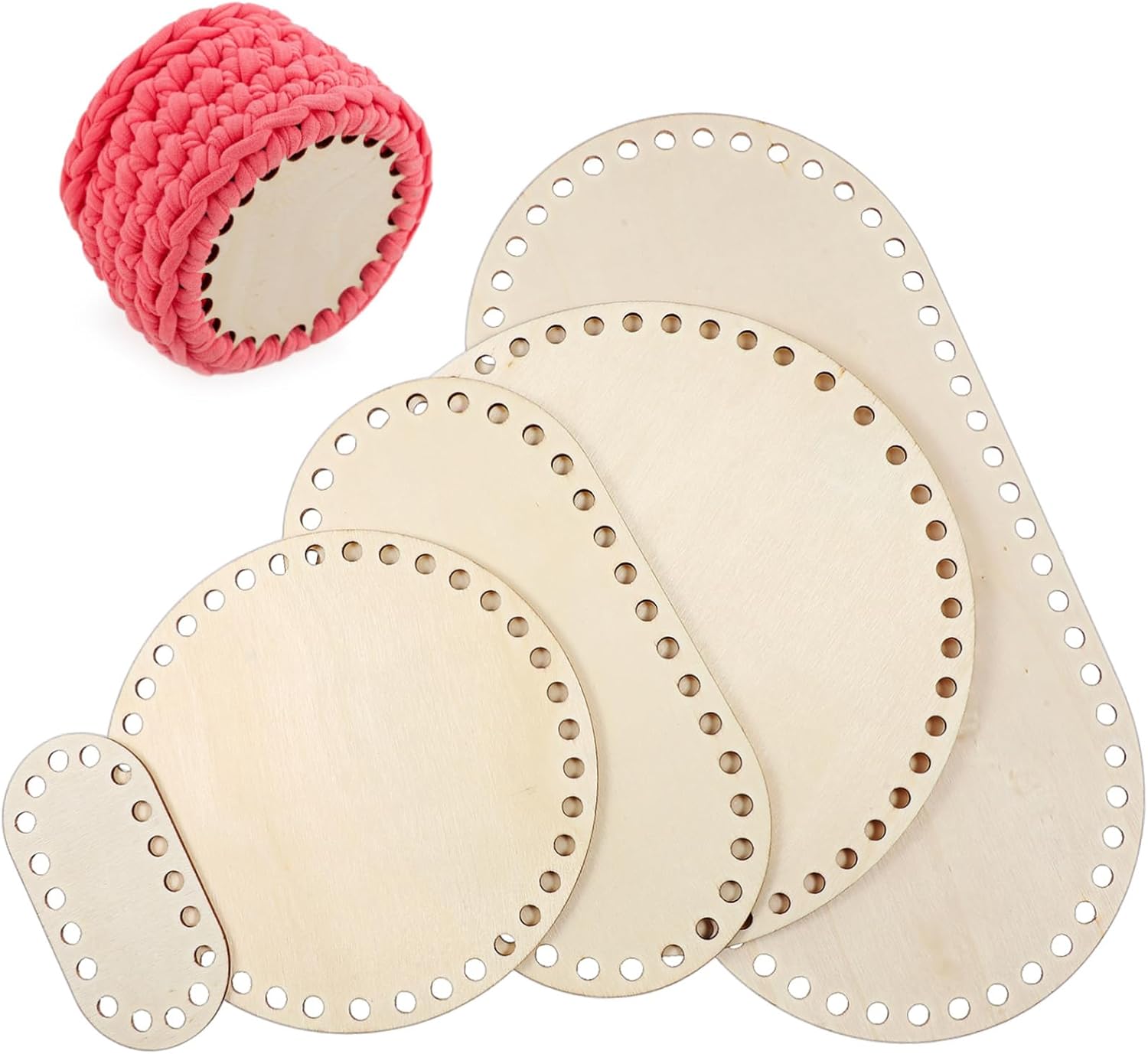 Mobestech 5pcs Solid Wood Crochet Basket Base with Holes for DIY Knitting Supplies Oval and Round Wood Bottoms for Crafting and Weaving