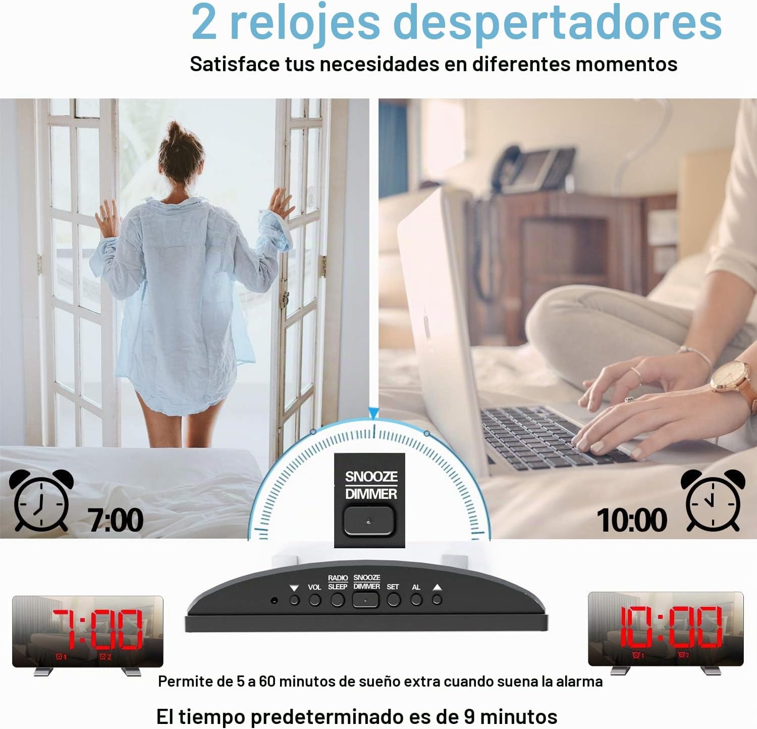 Image illustrating the dual alarm function, showing two different alarm times (7:00 and 10:00) and the snooze/dimmer button.