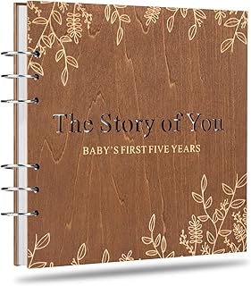 Wooden Keepsake Baby Memory Book Boys & Girls, First 5 Years Baby Book Journal Memory Album Photo Book, Gender Neutral Baby Milestone Scrapbook from Pregnancy to Age 5, Keepsake Gift for New Parents