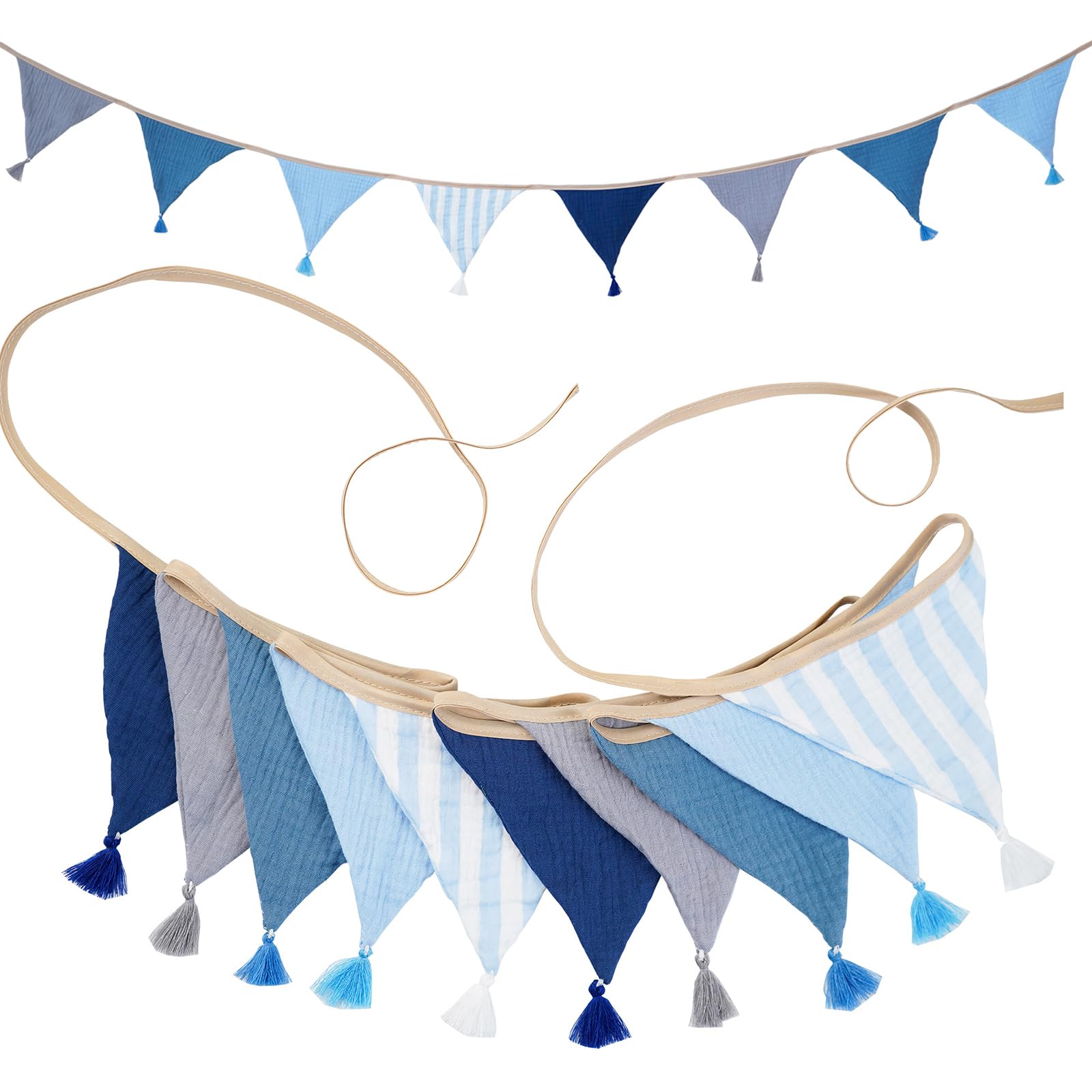 G2PLUS Muslin Fabric Bunting with Tassel: 10PCS Double Sided Cotton Garland, 2.6m Nursery Fabric Triangle Banner for Nursery, Bedroom, Baby Shower, Brithday Party Decoration, Blue — image 1
