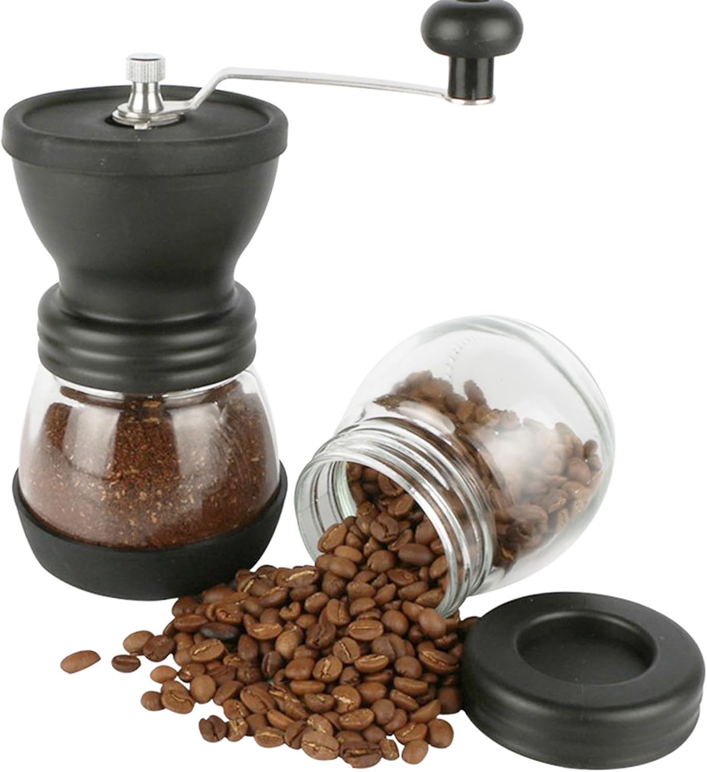 4-Piece Mini Manual Coffee Grinder Set with Conical Ceramic Burrs, Manual Adjustable Coarseness, Includes Two Glass Jars, Cleaning Brush, and Measuring Spoon