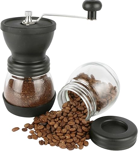 Juego de 4 molinillo de café manual con rebabas cónicas de cerámica, grosor ajustable manual, incluye dos frascos de vidrio, cepillo de limpieza y