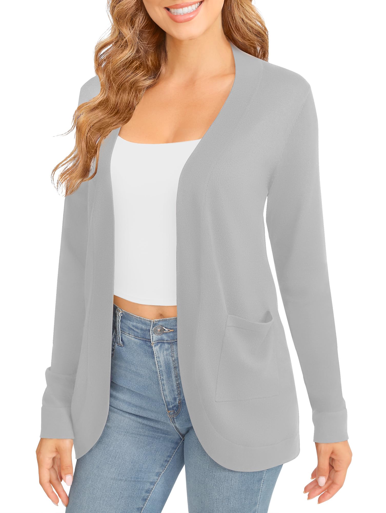 Mujeres Elegante Ligero Manga Larga Cardigan Dobladillo Curvo Frente Abierto Punto Suéter con Bolsillos