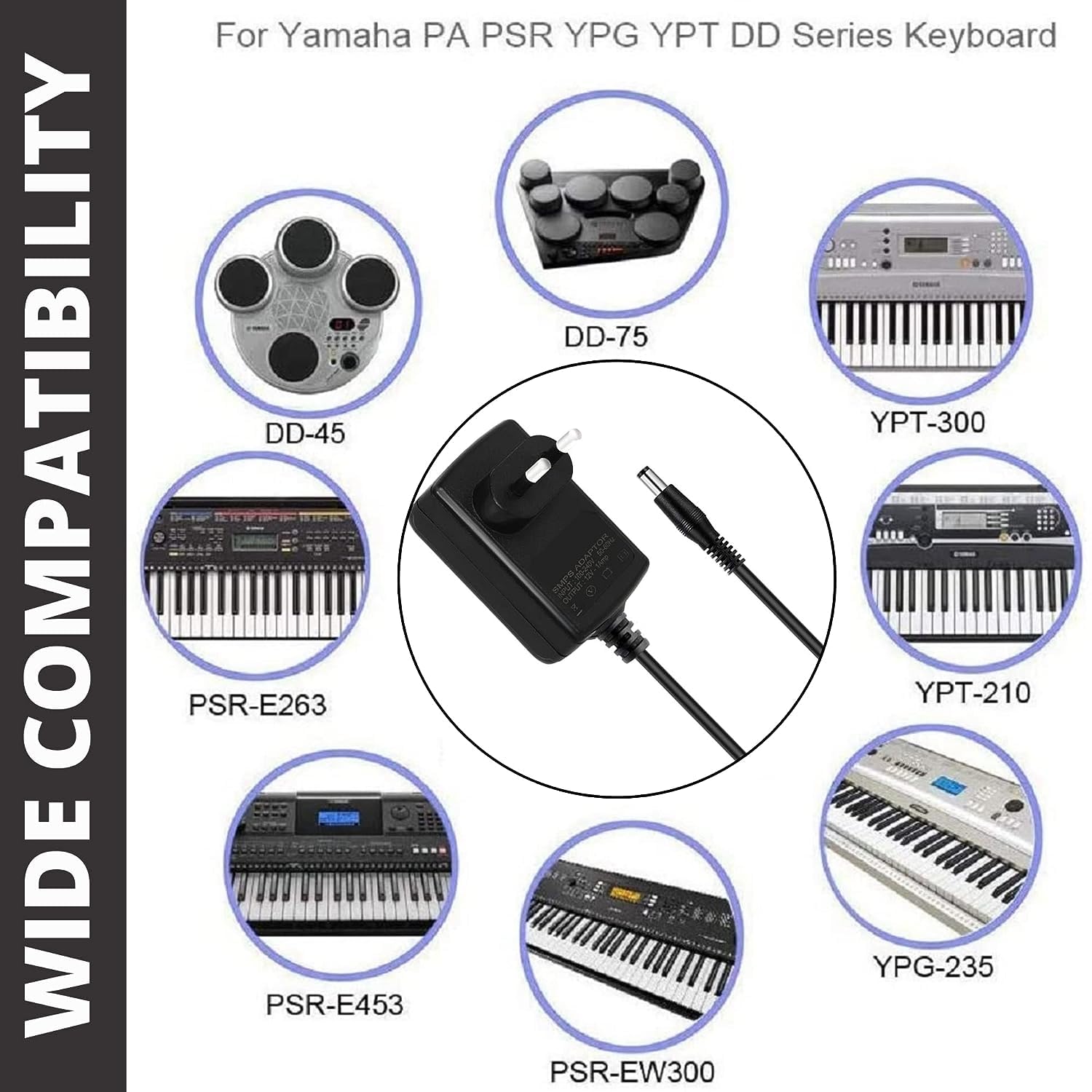 Fedus 12V 2A Ac Power Supply Long Cord Charging Adapter for Yamaha Psr, YPG, Ypt, Dgx, Dd, Ez and P Digital Piano and Portable Keyboard Series, Replacement Pa-130 Pa-130B (3 Meter, Black) - Image 2 thumbnail