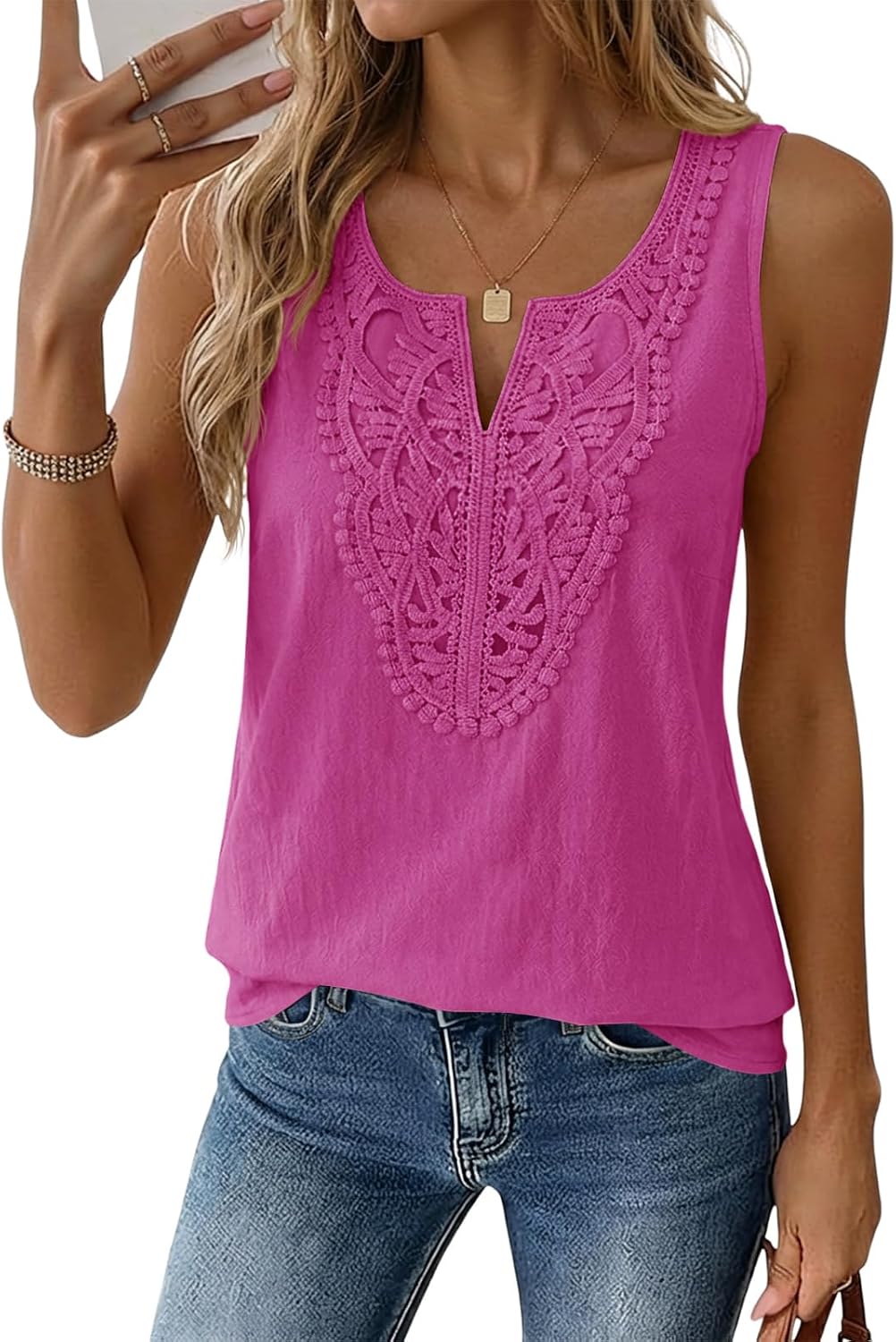 Yousify Womens Tank Tops 2026 Summer V Neck Sleeveless Cotton Linen Shirts Loose Fit Lace Boho Blouse Clothes