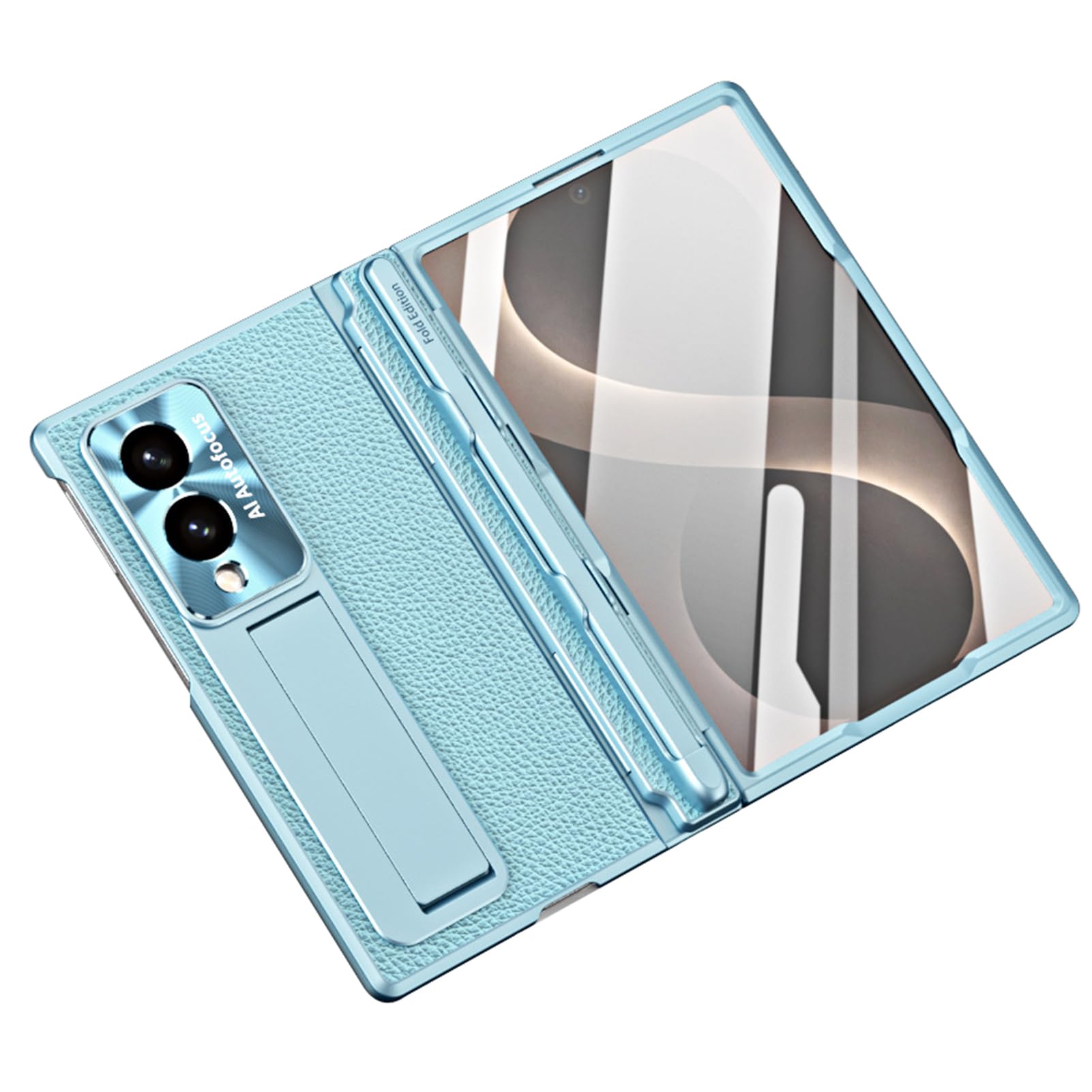 Custodia Placcata For Samsung Galaxy Z Fold 8, Protezione Dello Schermo Cerniera Mini Supporto Regolabile Di Lusso Bordo Dorato Guscio Antiurto Con Portapenne(Blue)
