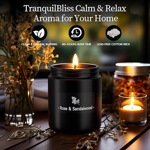 Miniatura 3 de TranquilBliss Rose & Sandalwood Black Scented Candles for Men - 7.6oz Soy Wax Candle for Home Scented - Men Candle Gifts, Father's Day, Christmas