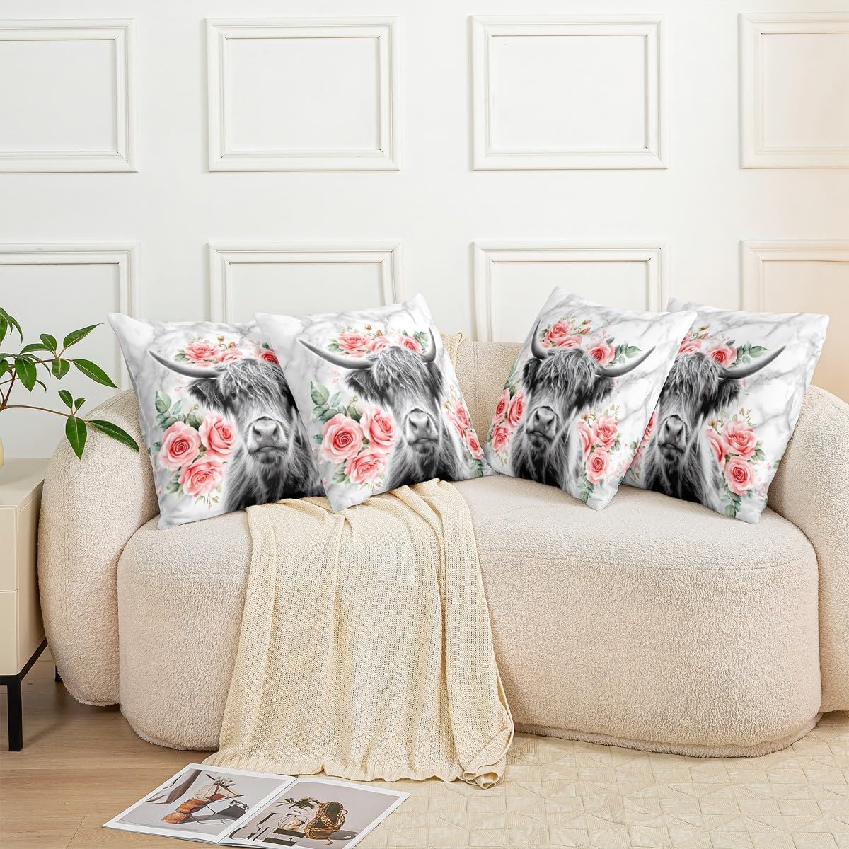 Highland Cow Flower Pillow Covers Bull Cattle Throw Pillow Covers For Bed Sofa Western Funny Animal Decorative Accent Pillow Cases Wildlife Farmhouse Cow Rose Marble Cushion Covers 16x16 Set of 2 image 5