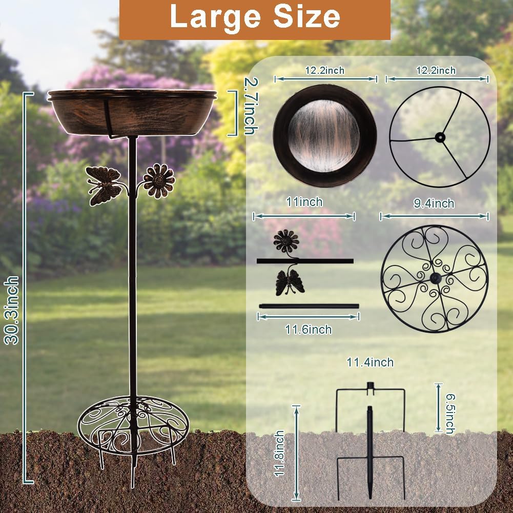 Metal Bird Baths for Outdoors, Birdbath Bowl with Metal Stake for Garden Yard Lawn Decor, 30″ Height 12″ Diameter 2.7″ Deep Bird Bath, Bronze