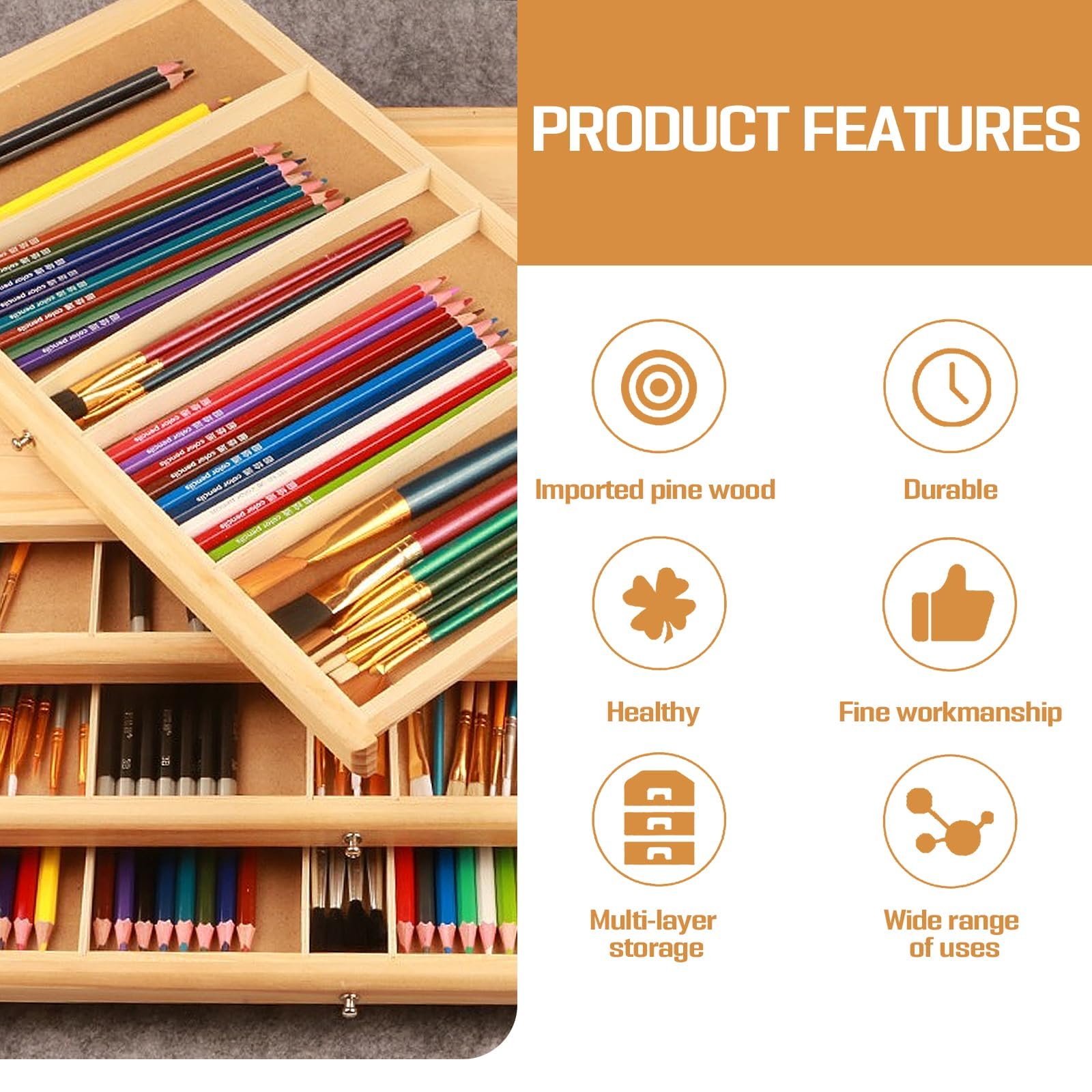 Boîte de rangement en pin de grande capacité avec 2 tiroirs et compartiments pour fournitures artistiques, pinceaux, crayons et pastels